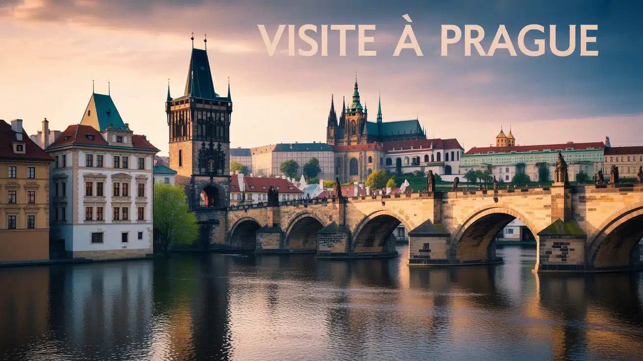 Illustration numérique douce de visite à Prague avec pont Charles et château
