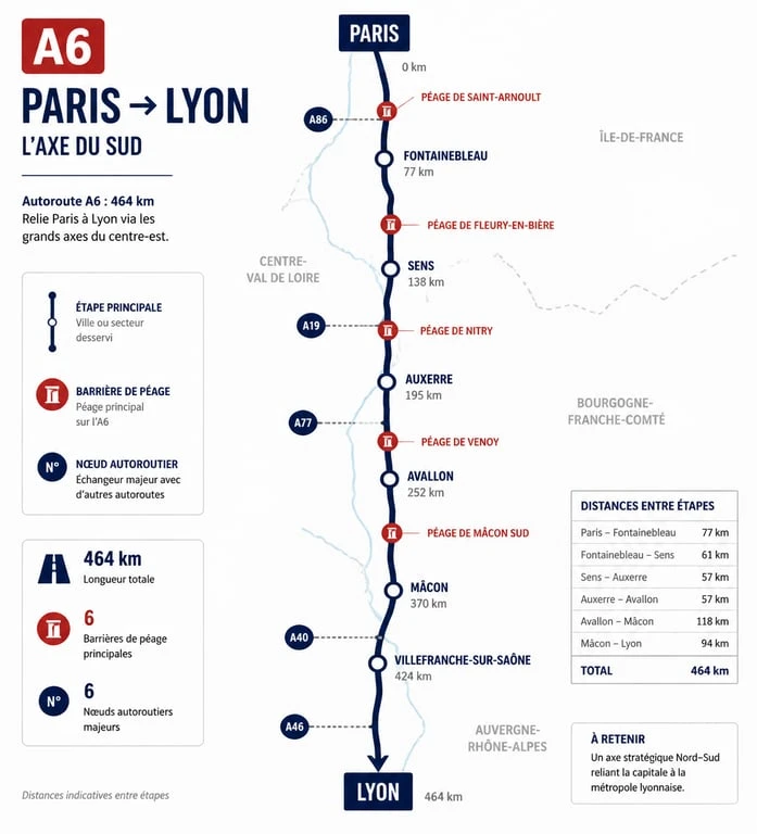 Carte simplifiée du tracé de l'autoroute A6 entre Paris et Lyon avec les principales sorties et péages