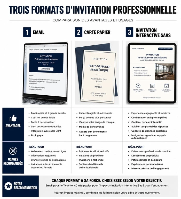 Infographie comparative des formats d'invitation professionnelle : email, papier et digital pour réussir vos événements d'entreprise