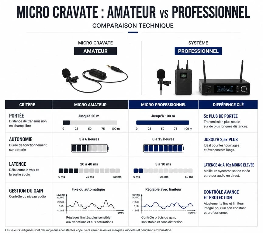 Comparatif technique des caractéristiques d'un micro cravate sans fil professionnel par rapport à un modèle amateur