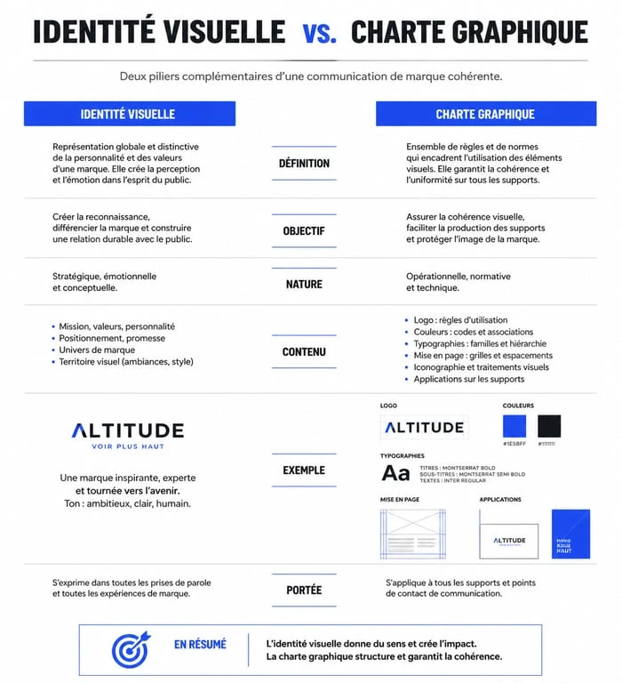 Infographie comparative entre l'identité visuelle et la charte graphique pour comprendre c est quoi une charte graphique