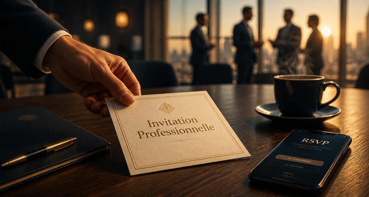 Invitation professionnelle posée sur table en salle de réunion