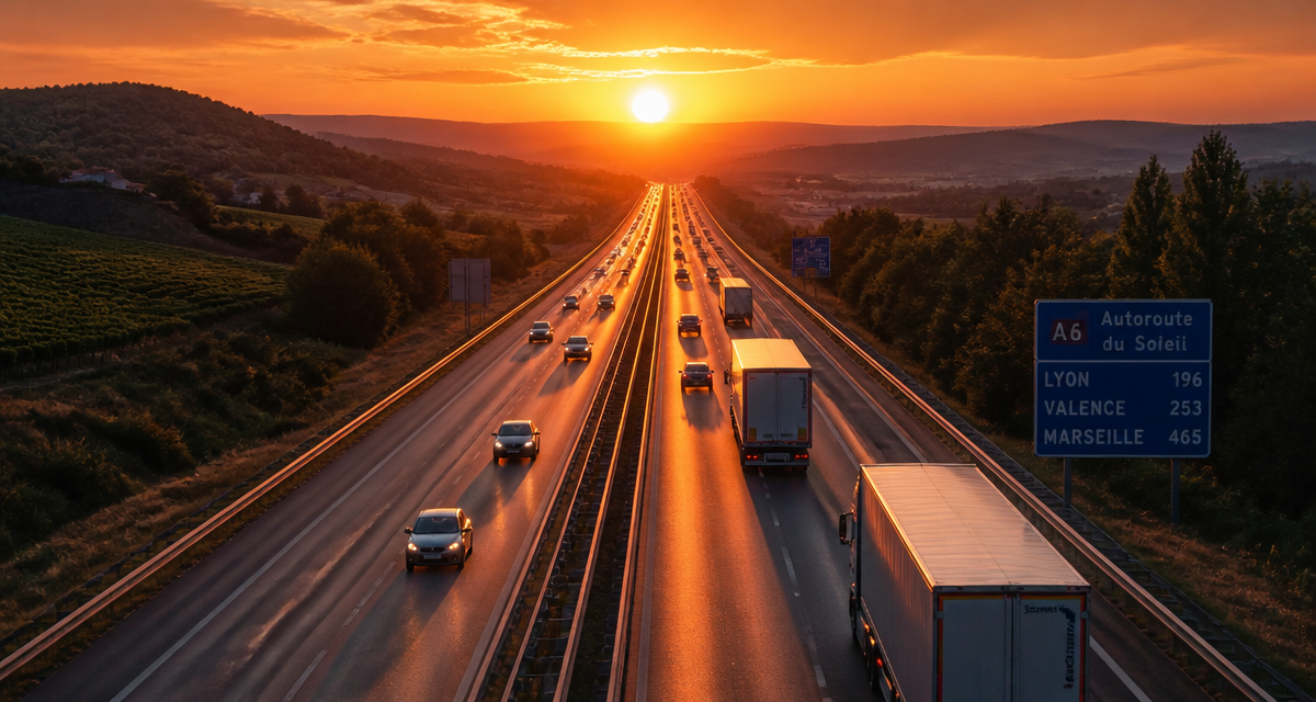 plan autoroute a6 vue aérienne au coucher de soleil
