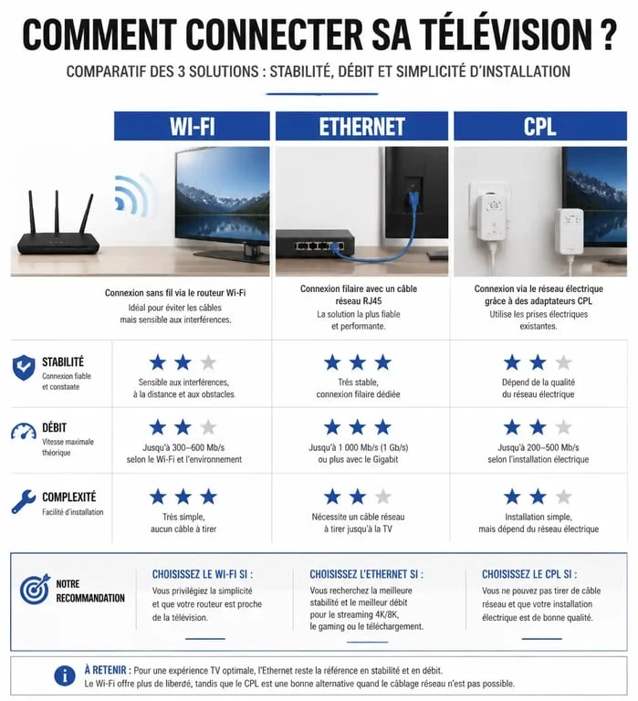 Comparatif des méthodes de connexion pour téléviseur wifi : Wi-Fi, Ethernet et CPL