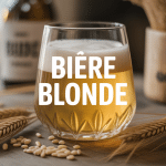 Verre de bière blonde dorée avec mousse sur table bois