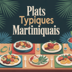 Table décorée avec plat typique martiniquais, fruits, épices, palmiers