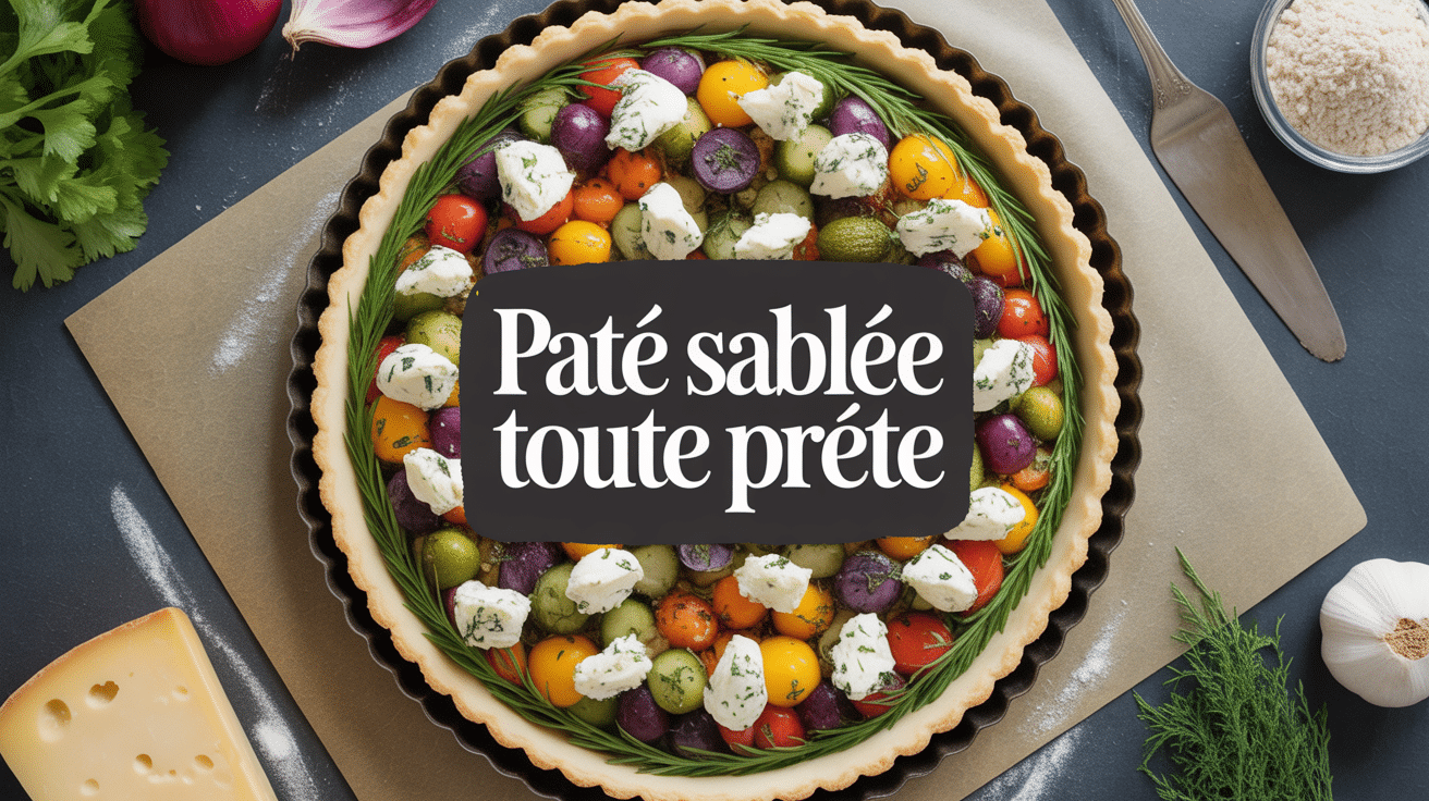Tarte salée avec pâte sablée toute prête, garnie légumes et fromage