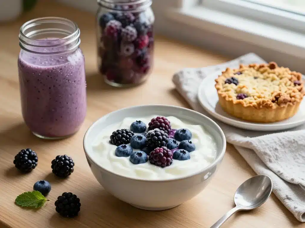 Scène cuisine fruit noir yaourt smoothie crumble