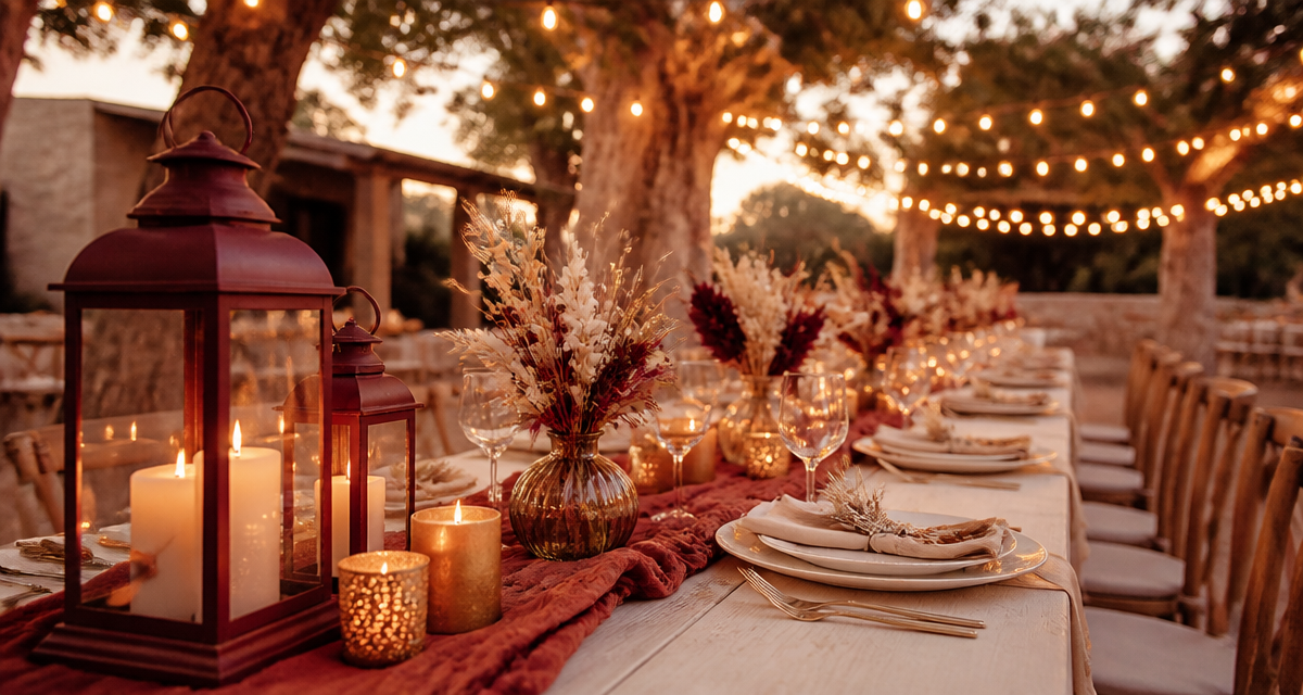 decos de mariage table extérieure ambiance dorée