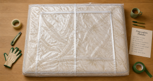 bache matelas transparente sur lit avec accessoires demenagement
