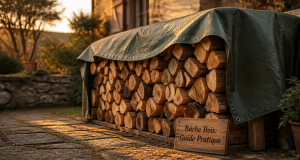 bache pour bois sur tas de buches au jardin