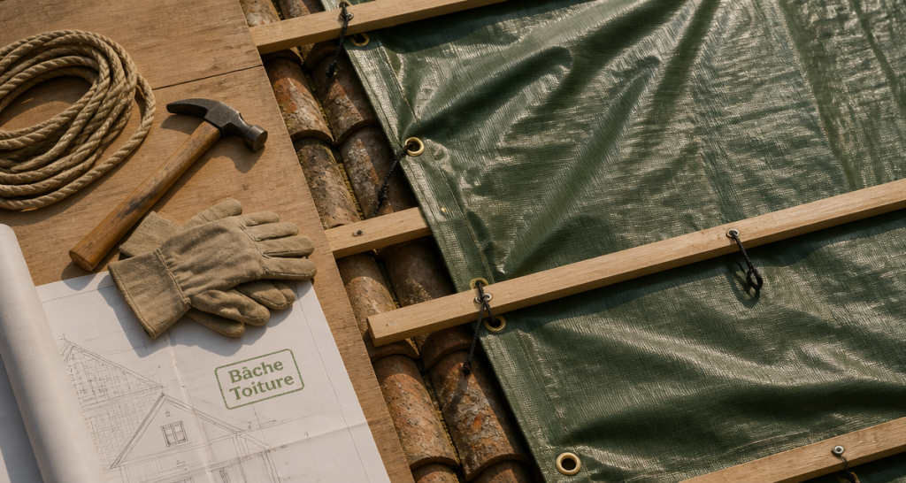 bache pour toiture verte fixee sur tuiles avec outils
