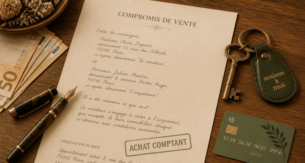 compromis de vente sans emprunt sur table avec argent et clé