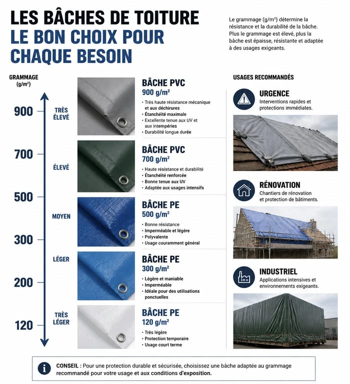 Infographie comparative des types de bâches pour toiture selon leur grammage et usage