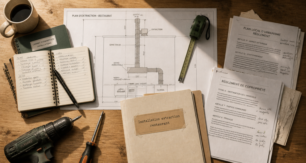installation extraction restaurant dans copropriété sur table avec plans et outils