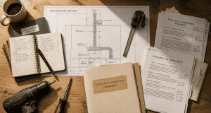 installation extraction restaurant dans copropriété sur table avec plans et outils