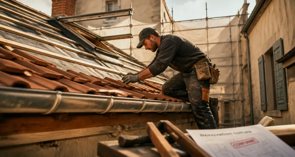 Alliance Couverture : couvreur pose des tuiles sur toiture neuve