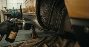 Application blackson anti-gravillon noir sur passage de roue, atelier carrosserie