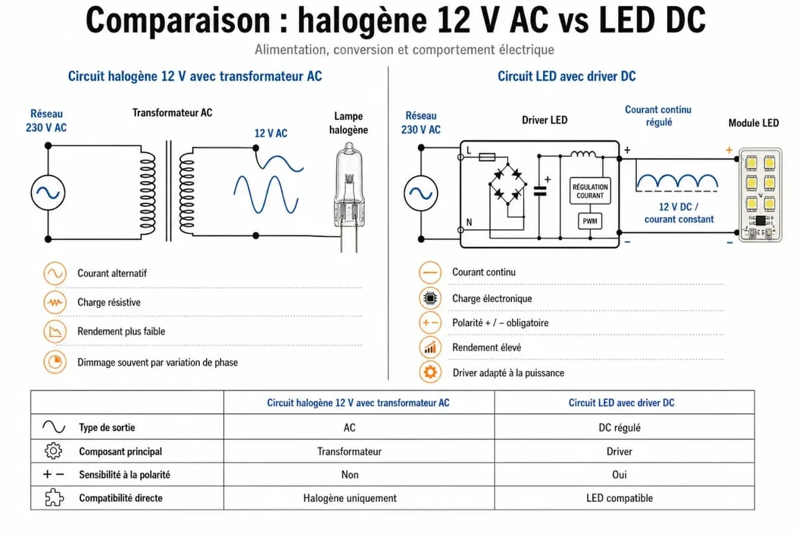 Schéma de compatibilité technique pour le remplacement d'ampoule halogène par LED