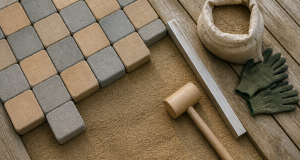 pavé autobloquant pose sur lit de sable avec outils