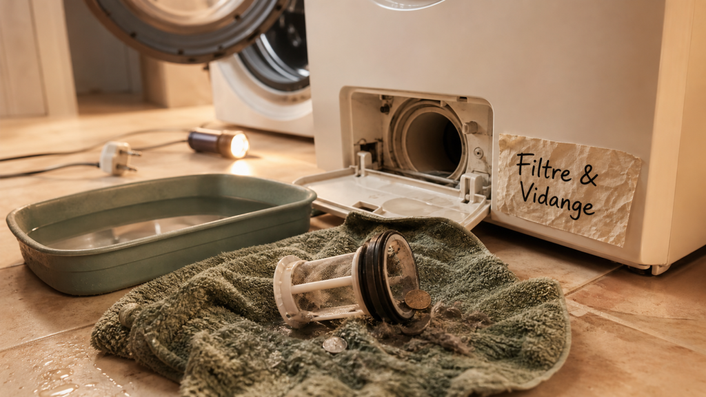 Pourquoi ma machine à laver n'essore plus : filtre de vidange en bas