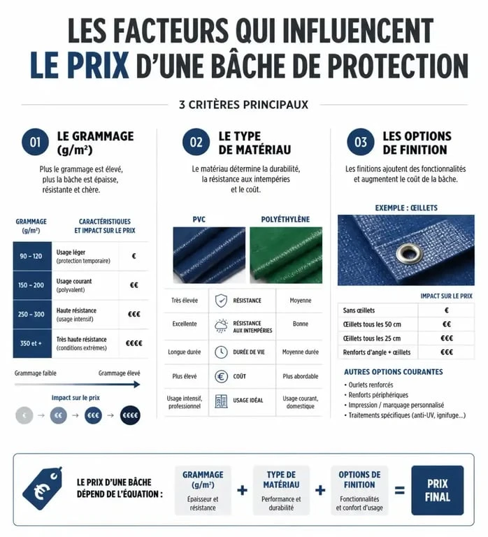 Infographie comparative des facteurs influençant le prix d'une bâche de protection selon le grammage et l'usage