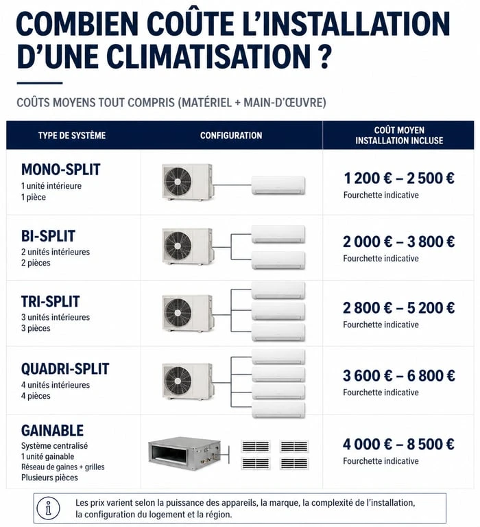 Tableau comparatif des prix moyens pour un devis pose climatisation selon le nombre d'unités