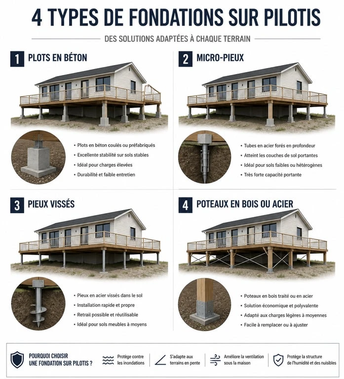 Infographie comparative des techniques de fondation pour constructeur maison sur pilotis