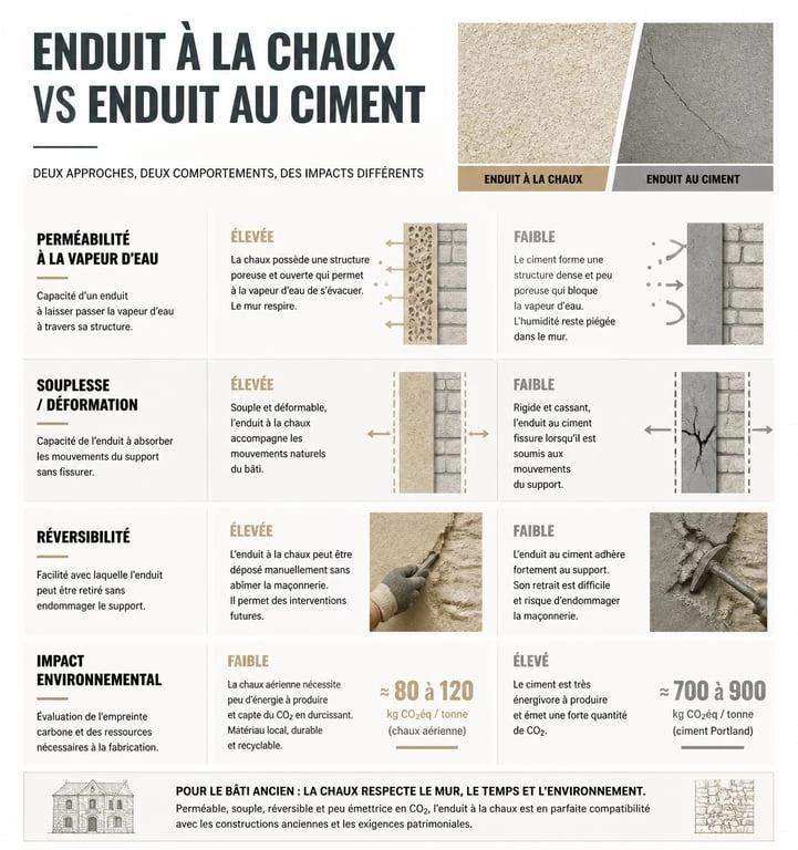 Comparatif technique entre enduit patrimoine à la chaux et enduit ciment pour la restauration de façades anciennes