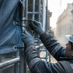 bache de chantier bleue sur echafaudage urbain
