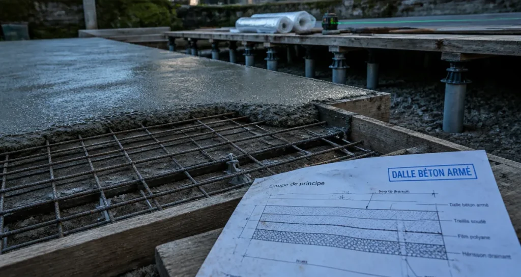 Dalle en béton armé : 6 mètres de portée et 3 méthodes de pose pour une structure inébranlable