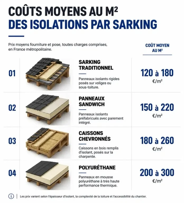Tableau comparatif des prix au m2 pour l'isolation de toiture par sarking selon la technique utilisée