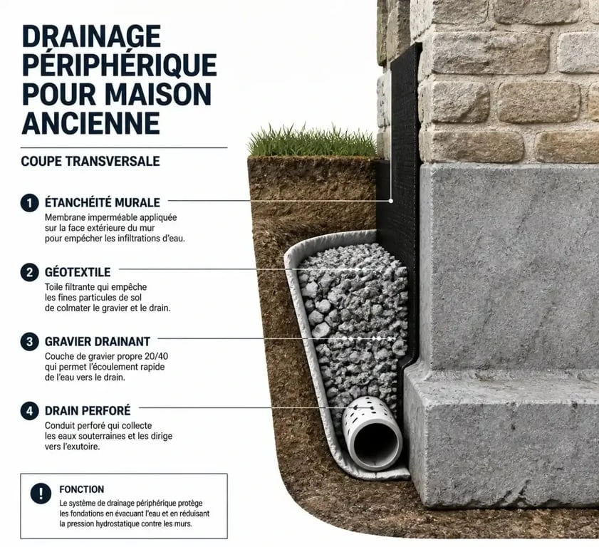 Schéma technique de drainage maison ancienne pour estimer le prix des travaux