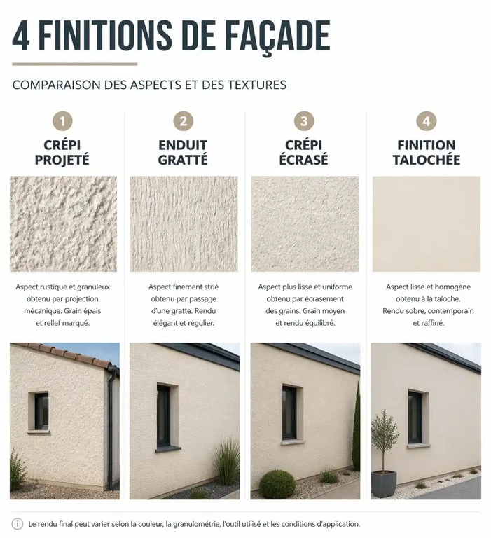 Comparatif des finitions de crépi ou enduit extérieur : projeté, gratté, écrasé et taloché