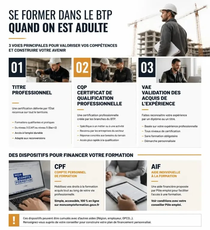 Infographie des parcours et financements pour une formation btp adulte
