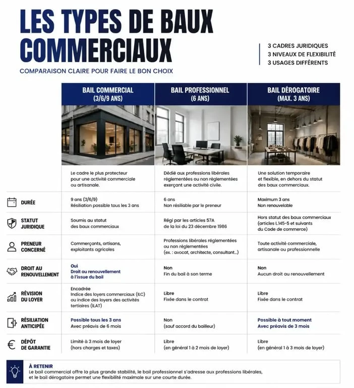 Infographie comparative des types de baux pour local d'entreprise : commercial, professionnel et dérogatoire.