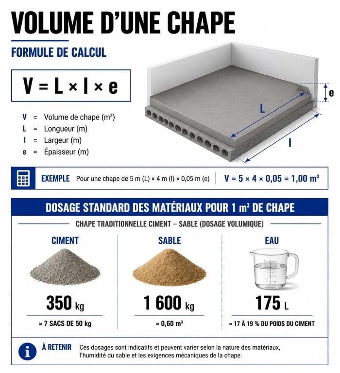 Infographie explicative du calcul pour une chape et dosage des matériaux