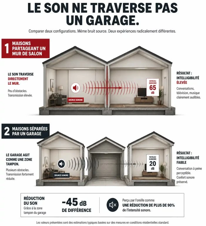 Schéma comparatif d'une maison mitoyenne par le garage et une mitoyenne classique