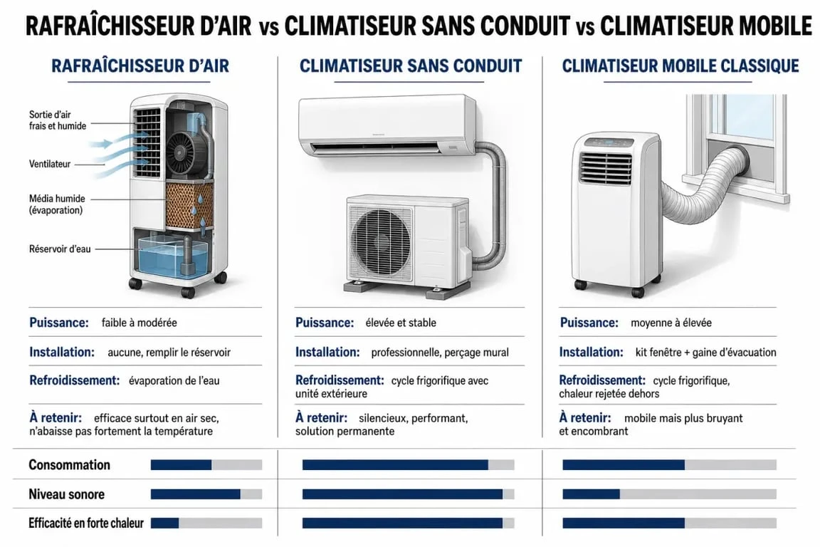 Infographie comparative des types de climatiseurs sans conduit et mobiles pour choisir le meilleur modèle.