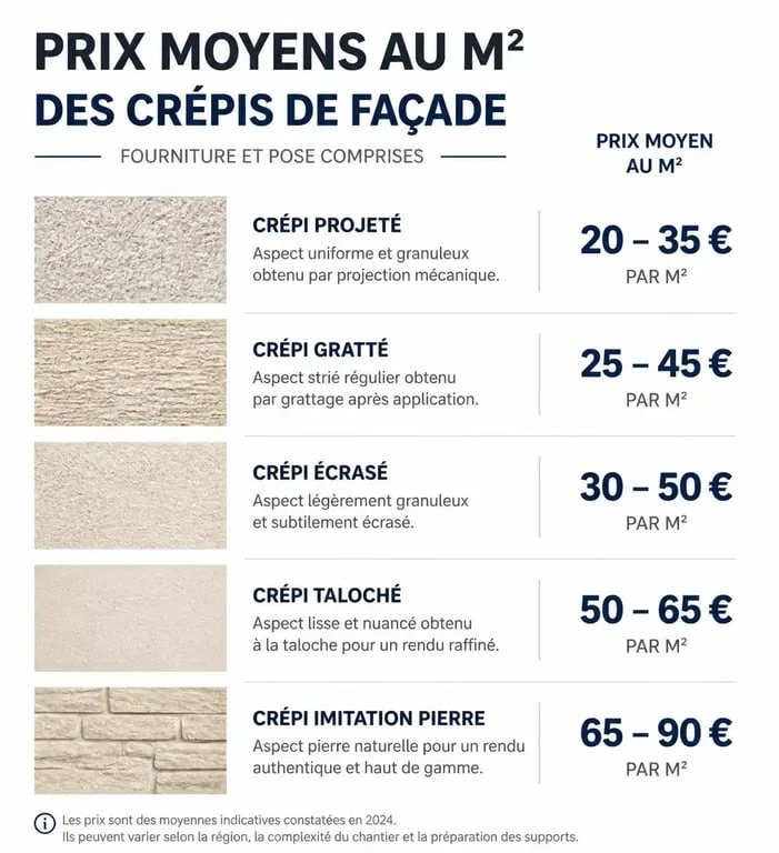 Comparatif des prix au m2 pour différents types de crépi de façade
