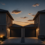 Maison mitoyenne par le garage moderne de nuit