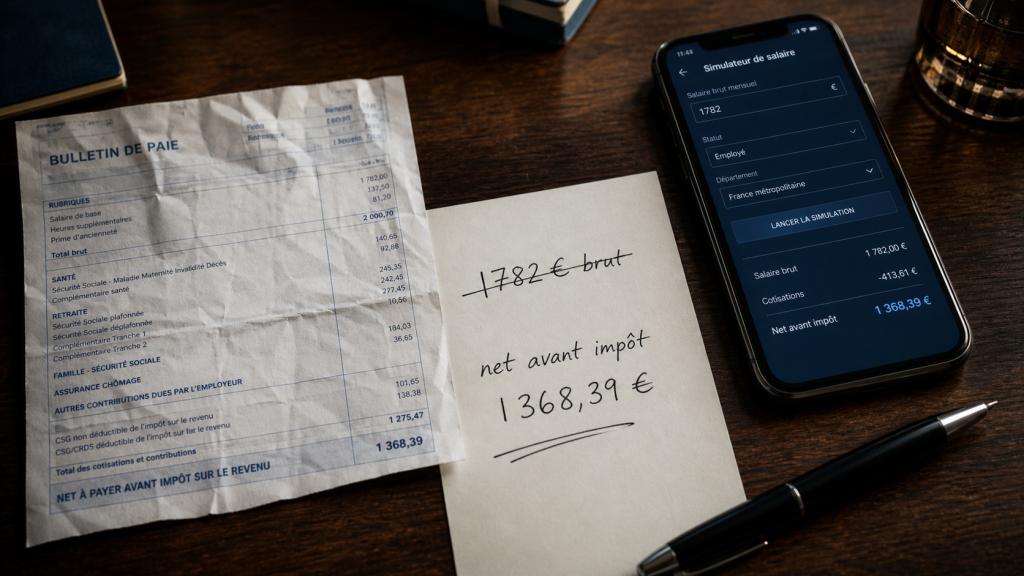 1782 € brut en net : 1368,39 € avant impôt et les cotisations à vérifier