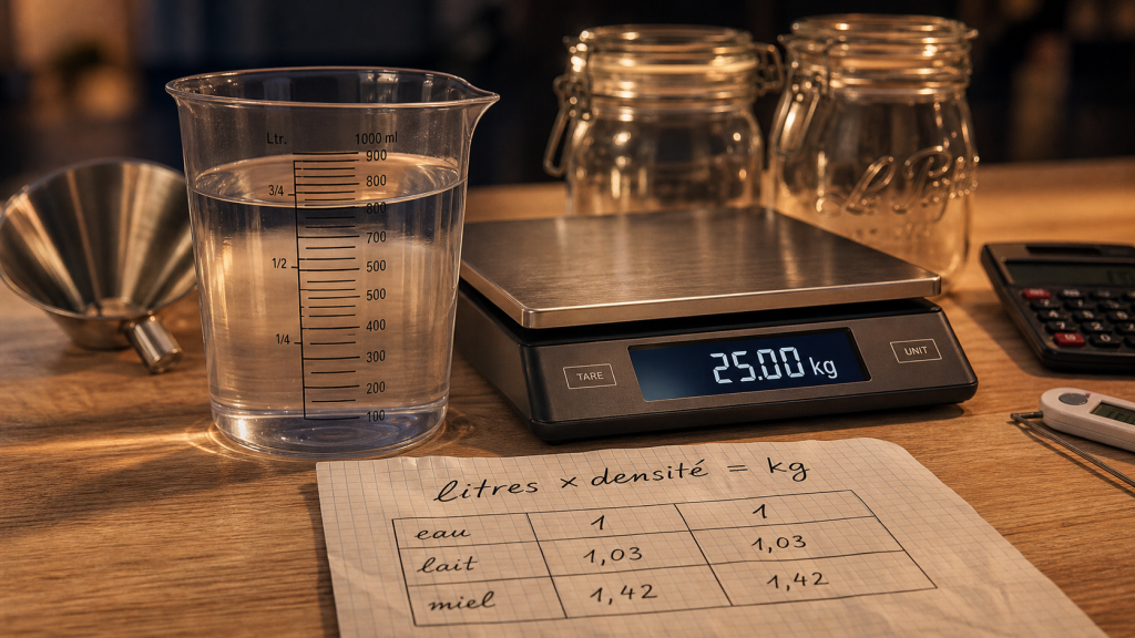 1 litre vaut 1 kilogramme pour l’eau, la densité décide pour le reste