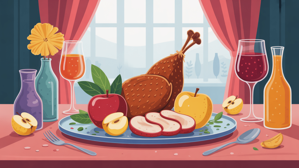 Amuses bouches apéritif avec magret de canard séché et pomme sur table élégante