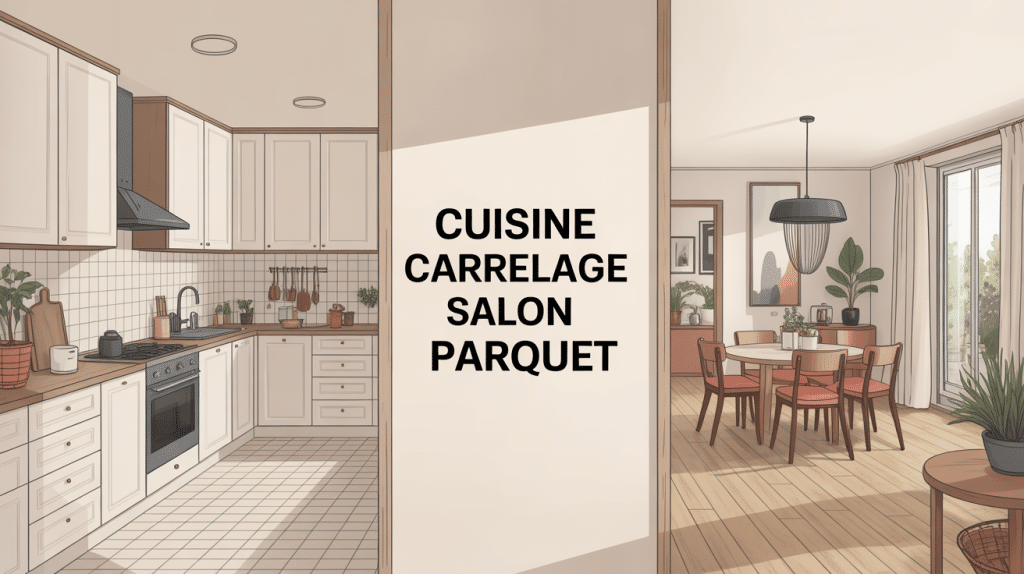Illustration cuisine carrelage salon parquet style moderne