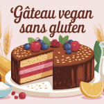 gateau vegan sans gluten entouré d'ingrédients colorés