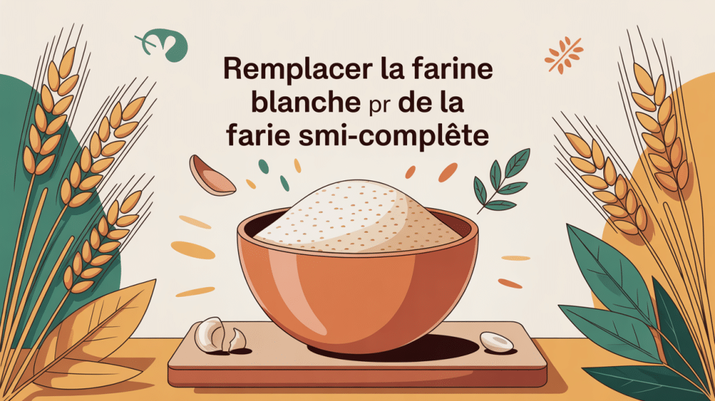 Illustration remplacer farine blanche par farine semi-complète sur plan de travail