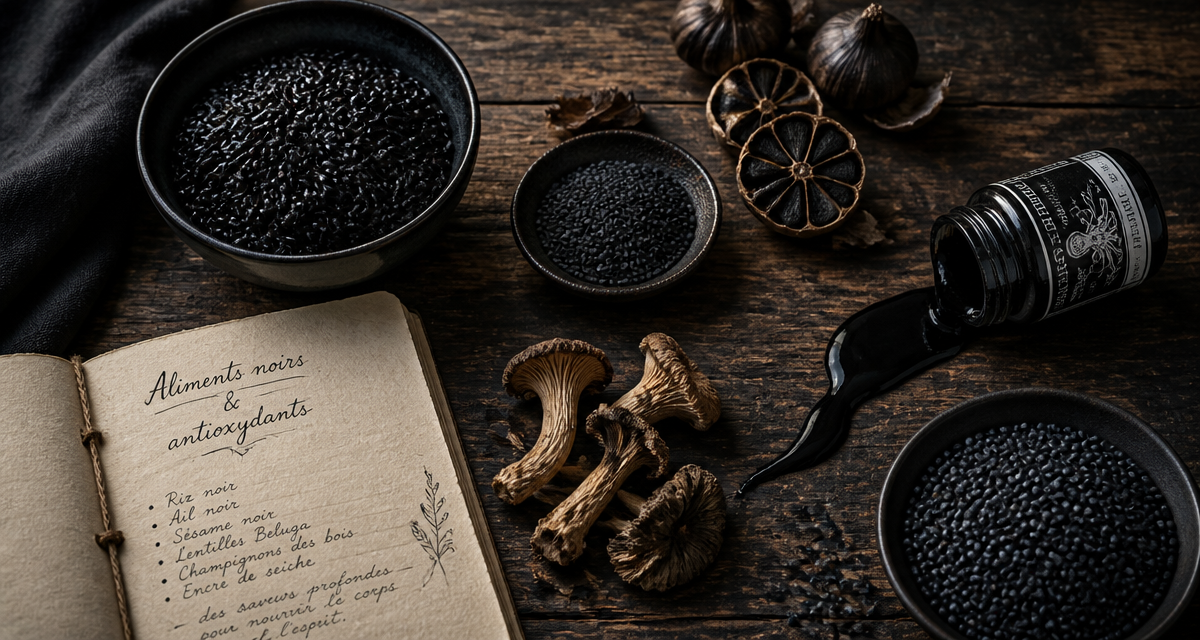 aliments noirs variés sur table en bois