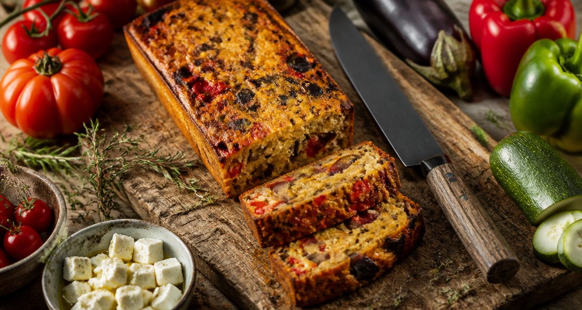 cake ratatouille tranché sur planche avec légumes