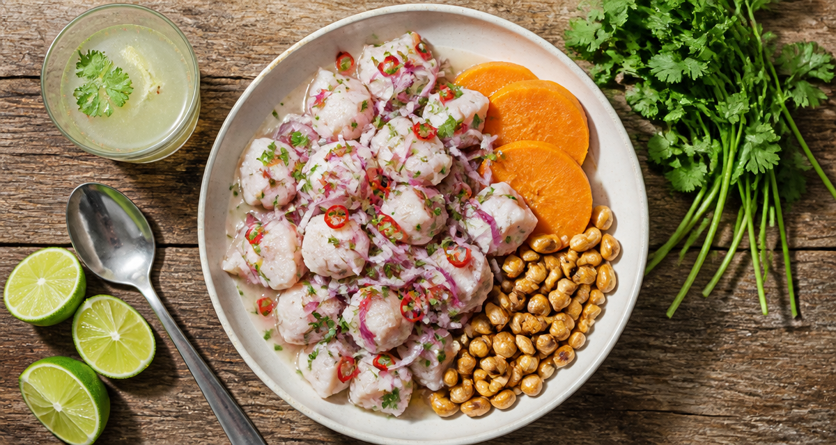 ceviche peruvien avec poisson, oignons, patate douce et maïs